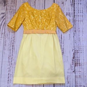 Vintage Yellow Gold Satin Lace Tea Length Party Dress Small